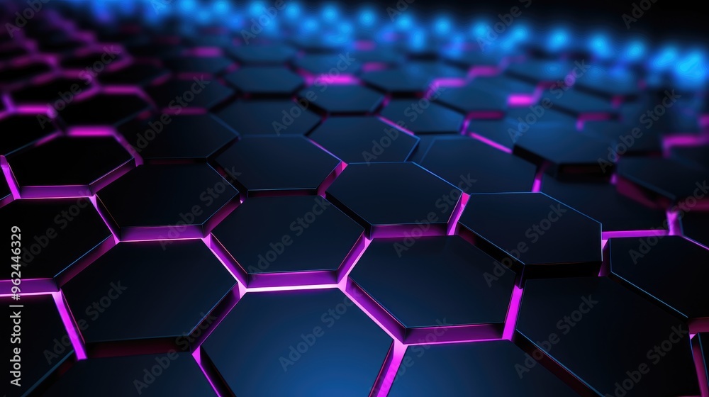 Wall mural abstract pattern of illuminated hexagons with purple and blue glow