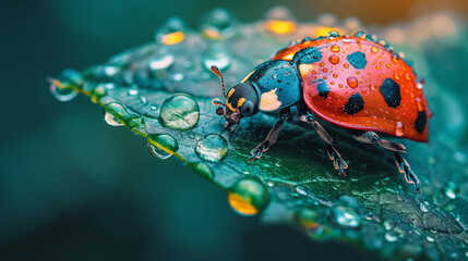 Obraz premium Ladybug on Dew-Covered Leaf: A vibrant ladybug perched on a dew-covered leaf, basking in the morning light. A captivating macro shot that captures the intricate details of nature's beauty. 