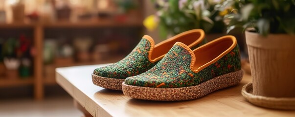 Detailed shot of eco-friendly shoes made from recycled materials, emphasizing craftsmanship and sustainable design