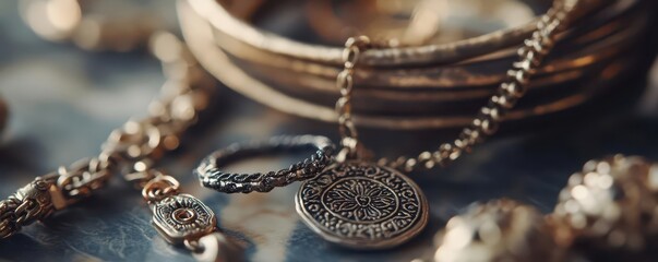 Detailed shot of vintage ethical fashion jewelry made from recycled metals, with an antique aesthetic