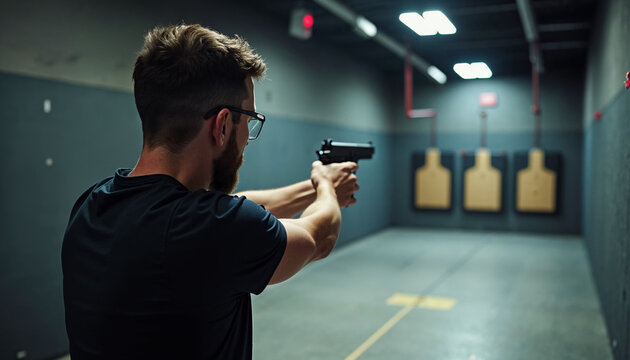 A shooter aims at the target in an indoor range, showcasing precision and control with safety gear visible.








