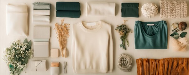 Flat lay of minimalist ethical fashion items, including a capsule wardrobe of eco-friendly garments