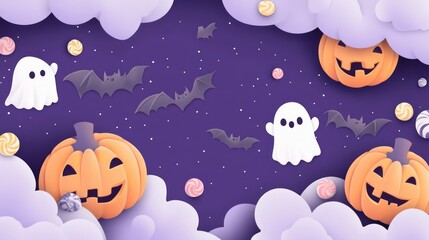 Halloween Night Sky with Pumpkins, Bats, Ghosts, and Candy