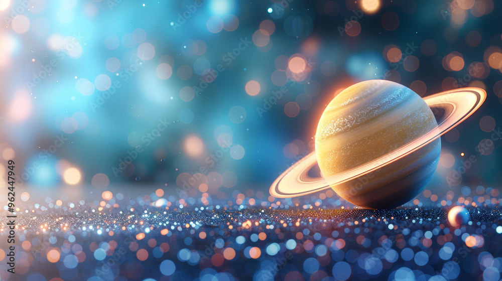 Wall mural saturn is highlighted with its magnificent rings amidst a colorful cosmic background filled with shi