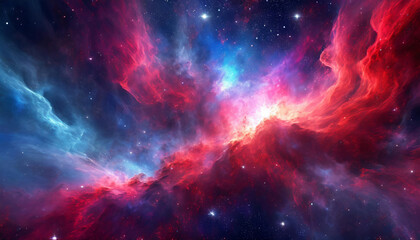 Fototapeta premium Hyperrealistic dense gas, dust, space nebula with shiny stars, supernova clouds cosmos universe in colorful fantasy cosmic red, blue, dark blue colors background or wallpaper.
