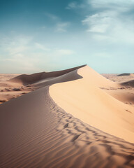 Sand dunes in desert with blue sky in background.