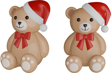 christmas teddy bear. isolated 3d teddy bear with santa claus hat front and side view