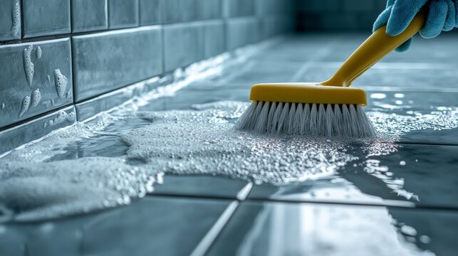 Professional cleaners use a brush to scrub the tiles and grout in the bathroom, focusing on deep cleaning and hygiene. Spotless, reflecting cleanliness and care.