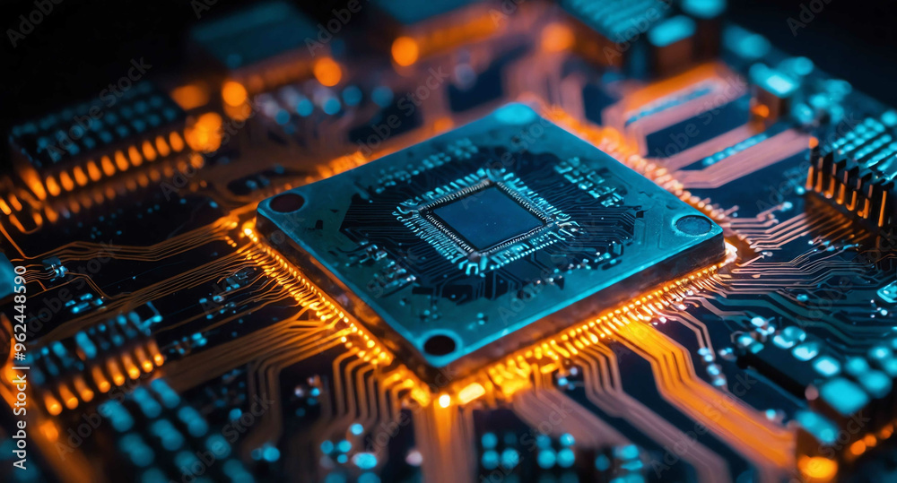 Poster glowing microchip with circuit pattern abstract background