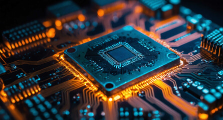 Fototapeta premium Glowing microchip with circuit pattern abstract background