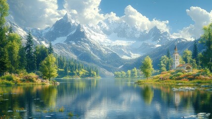 Obraz premium A picturesque scene of a tranquil lake nestled amidst snow-capped mountains with a small church on a grassy shore, reflecting the beauty of nature.