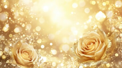 Luxury golden floral background with glittering particles and copy space. Magic luxurious gold roses