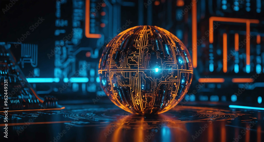 Poster glowing tech sphere with circuits abstract background