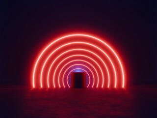 Obraz premium Red neon circles in the dark. Product showcase background template. Digital 3D rendering.