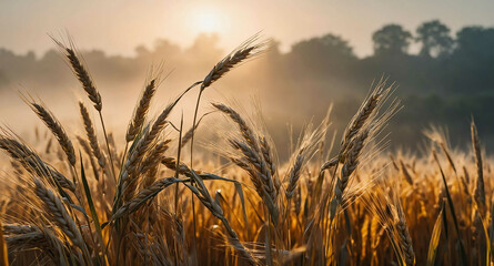 Fototapeta premium Glowing wheat stalks with mist abstract background
