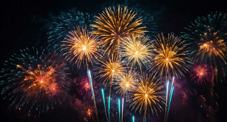 Golden fireworks and neon lights abstract background