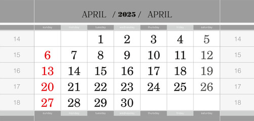 April 2025 quarterly calendar block. Wall calendar in English, week starts from Sunday.