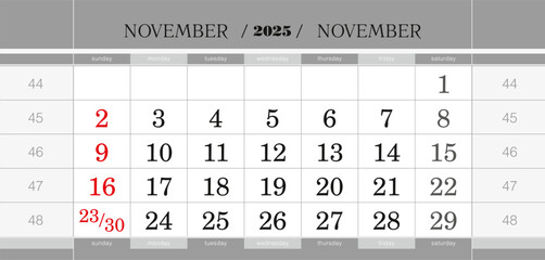 November 2025 quarterly calendar block. Wall calendar in English, week starts from Sunday.