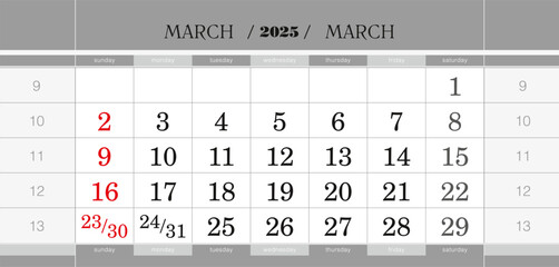 March 2025 quarterly calendar block. Wall calendar in English, week starts from Sunday.