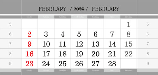 February 2025 quarterly calendar block. Wall calendar in English, week starts from Sunday.