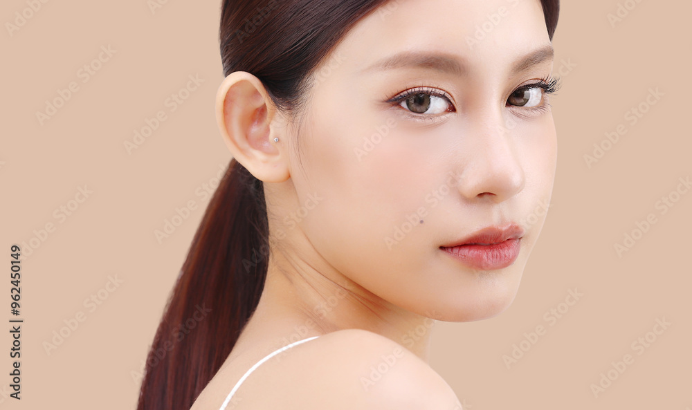 Wall mural close up face of beautiful young asian woman with k beauty style makeup and perfect skin on isolated