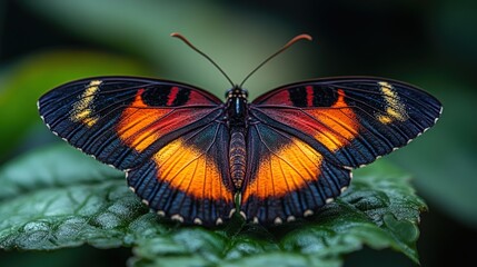 A close-up of a vibrant orange and black butterfly with yellow accents perched on a green leaf.