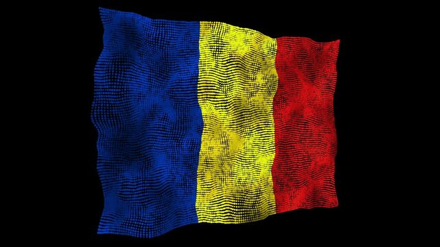 3d flag of the Romania consisting of round particles in motion on a black background
