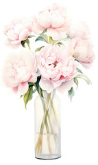 A vase of pink flowers sits on a white background. The flowers are arranged in a way that creates a sense of balance and harmony. The vase itself is clear