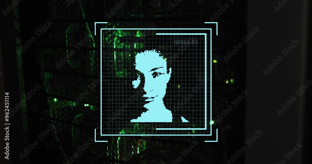 Poster image of biometric photo and digital data processing over computer servers
