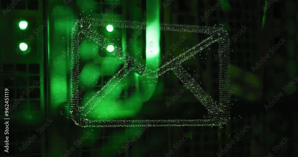 Poster image of email icon and digital data processing over computer servers