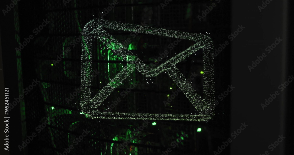 Poster image of email icon and digital data processing over computer servers