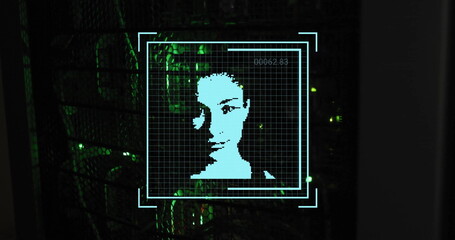 Image of biometric photo and digital data processing over computer servers