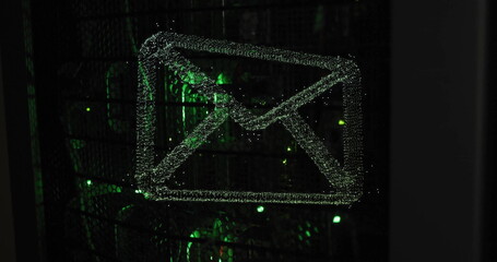 Image of email icon and digital data processing over computer servers