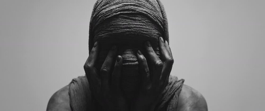 A mummy of a woman against the bright background in keeps her hands on her face the powerful pose full of despair