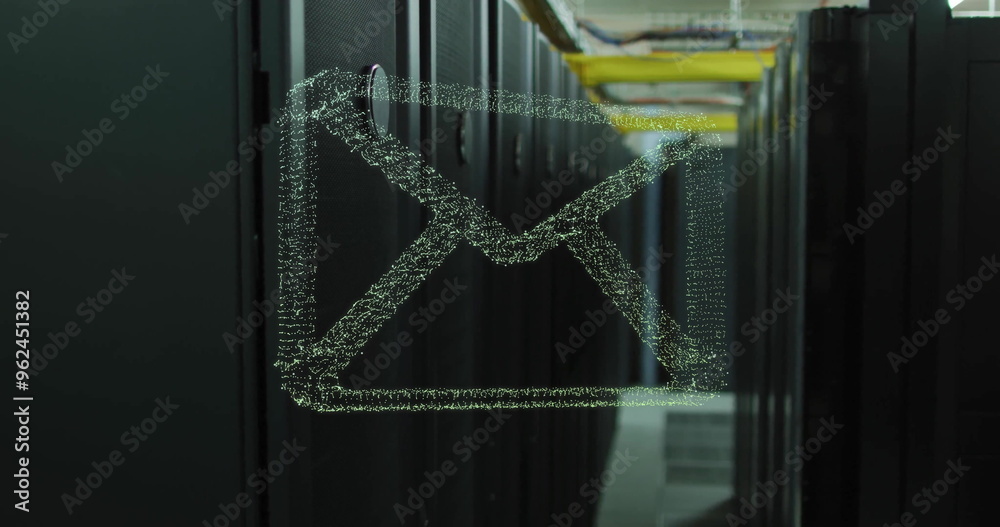 Poster image of email icon and digital data processing over computer servers