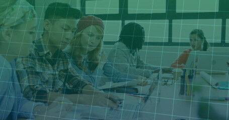 Image of financial data processing over diverse business people in office