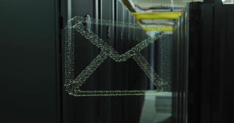 Image of email icon and digital data processing over computer servers
