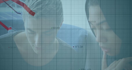 Image of financial data processing over diverse business people in office