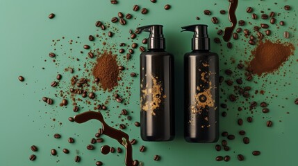 Coffee-inspired skincare product featuring two black bottles surrounded by coffee beans and cocoa powder on a green background. The image highlights the luxurious and natural aspects of the product