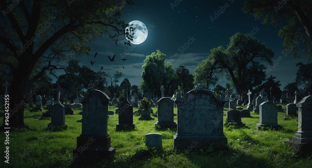 Canvas Prints Moonlit cemetery with overgrown tombstones background