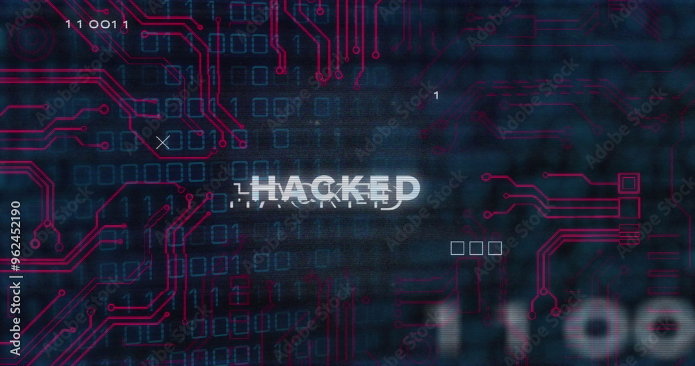 Poster hacked text image over digital circuit board and binary code background