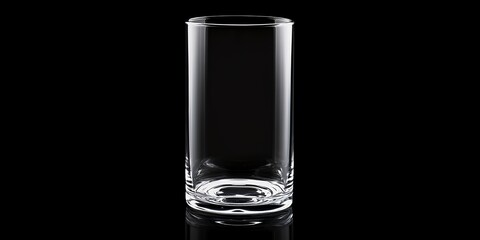 An empty, clear glass tumbler with a slightly flared rim sits on a black surface, with a subtle reflection.