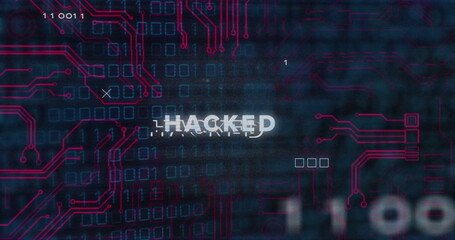 Hacked text image over digital circuit board and binary code background