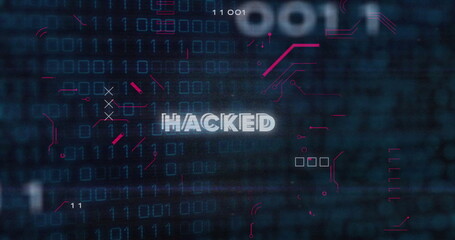 Hacked text image over binary code and digital data background