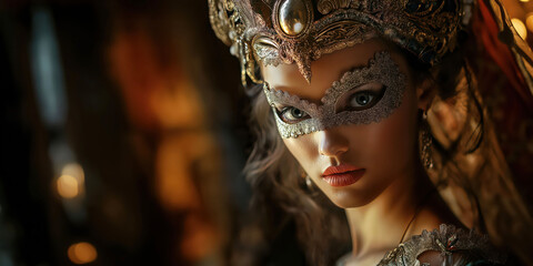 Fototapeta premium Enchanting masquerade queen in ornate venetian dress and intricate mask at night