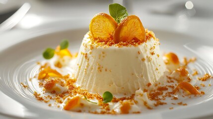 A rich orange panna cotta topped with candied zest tantalizes the senses, combining creamy textures with a citrusy burst.