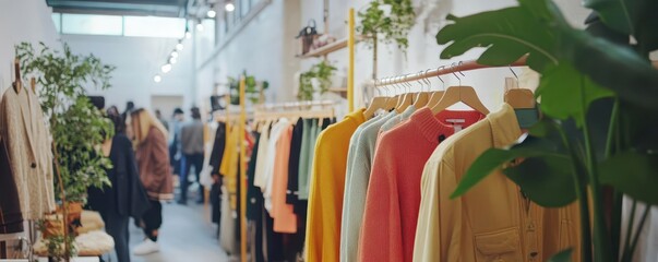 Ethical fashion pop-up shop in an urban setting, sustainable retail, green fashion event