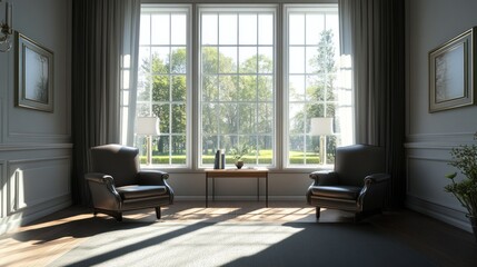 Fototapeta premium Two leather armchairs facing each other in a sunlit living room