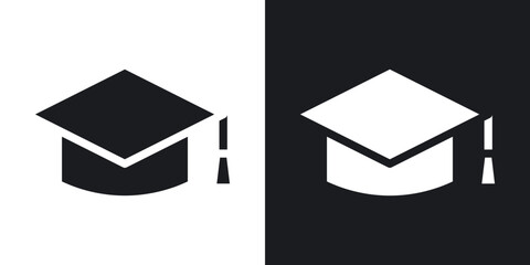 Graduation cap solid vector icon set in black and white color.