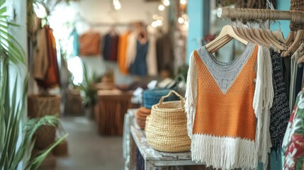 Handwoven ethical fashion pieces displayed in a chic boutique, slow fashion, sustainable shopping